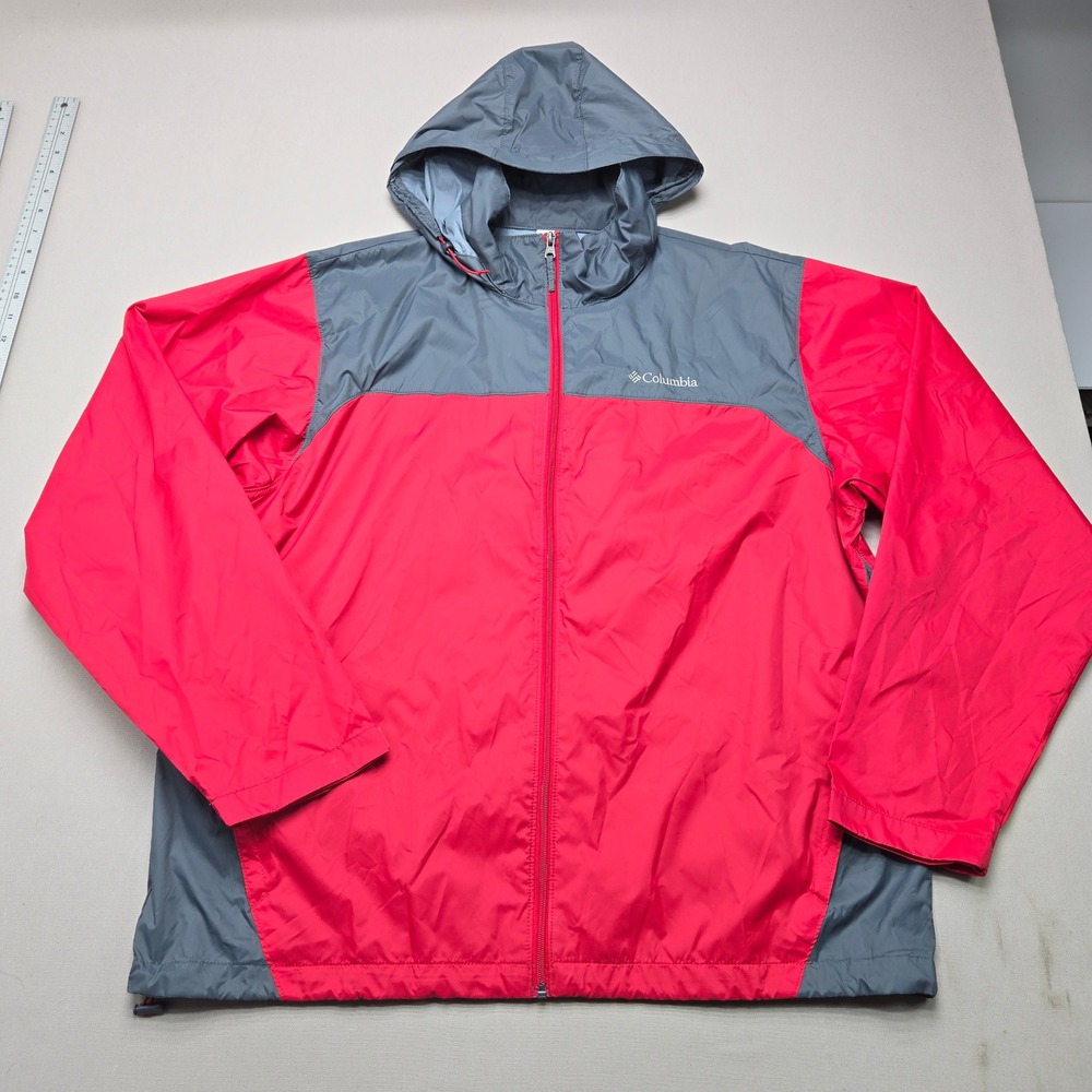 Columbia Windbreaker Jacket Packable Hooded Red Grey Mens Size XL Hiking Outdoor